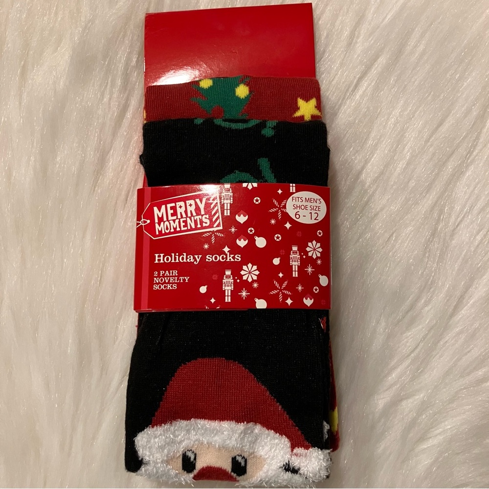 Merry Moments Mens Holiday Christmas Tree & Santa Socks 2 Pack Shoe Sz 6-12 NEW